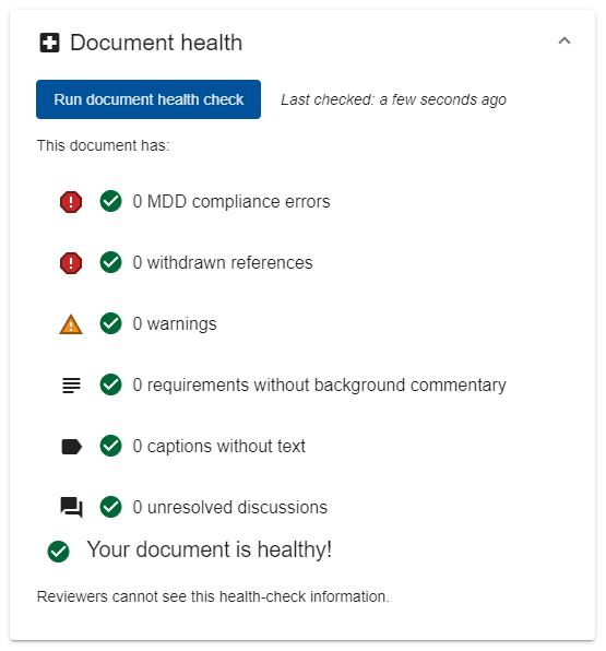 Image of the expanded Document health section showing now errors