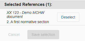 Screenshot of Section references side pane showing deselect button at the bottom next to selected references.