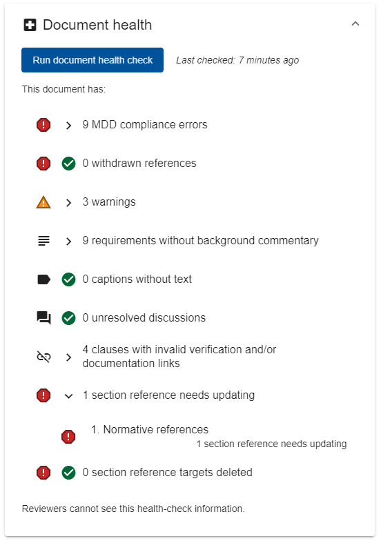 Screenshot of a Document health check showing section reference errors