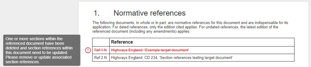 Screenshot showing warning on Normative references section where target documents have had sections deleted..