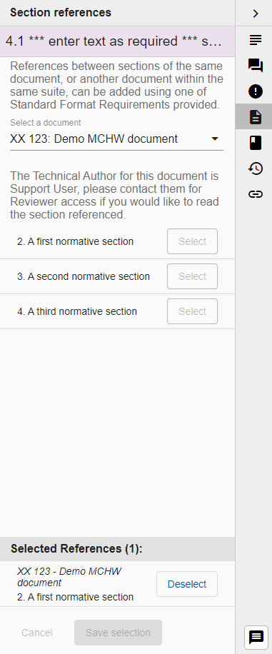 Screenshot showing the Section references pane with a single section selected.