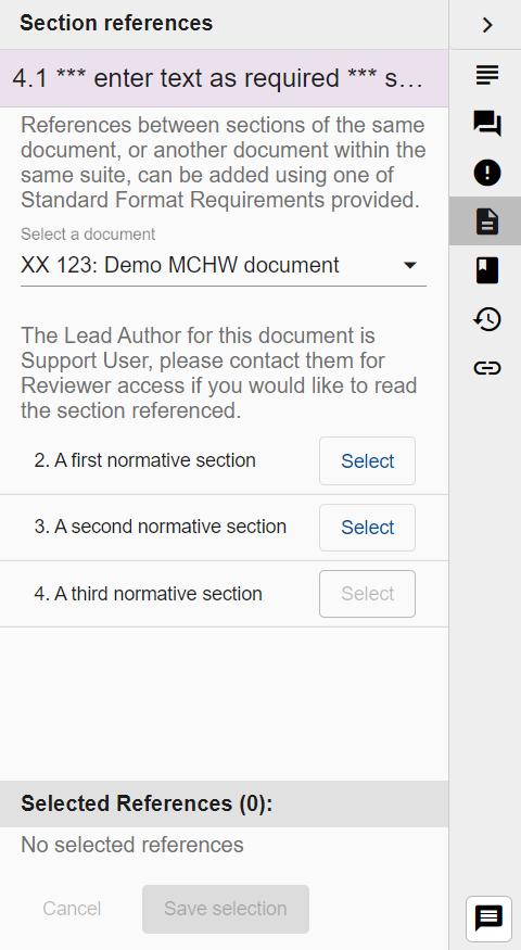 Screenshot of Section references pane with the same document selected and current section disabled for selection.