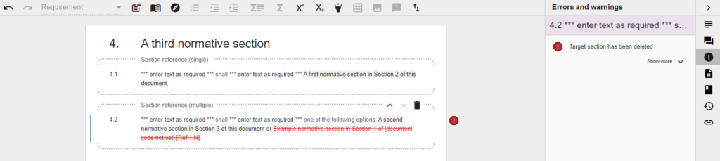 Screenshot showing where a target referenced section has been deleted