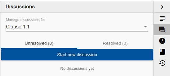 Screenshot showing the Discussions side pane with Clause 1.1 selected