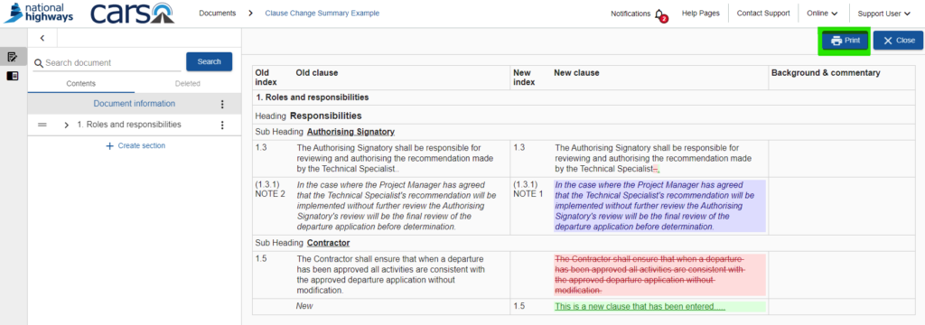 Screenshot showing where the Print button is on the Clause Change Summary