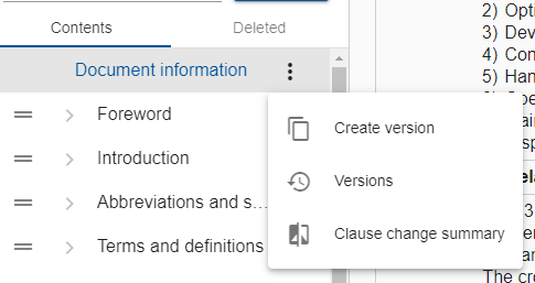 Screenshot showing the option to generate the Clause Change Summary from the Document Information menu