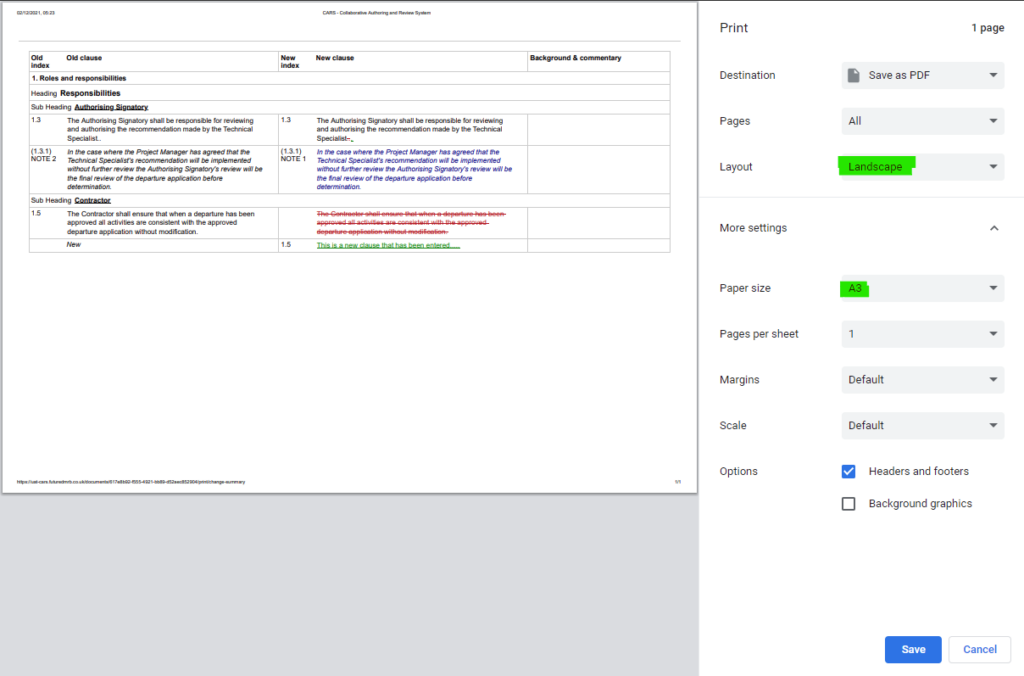 Screenshot showing recommended print configuration for the Clause Change Summary