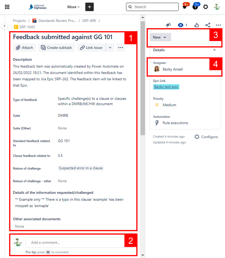 A Jira screenshot showing an example feedback item.  Key regions within the item's layout are shown numbered.