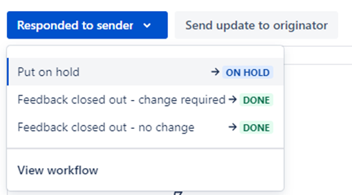 Screenshot showing expanded transitions options and a transition button which will not change the state of the feedback item