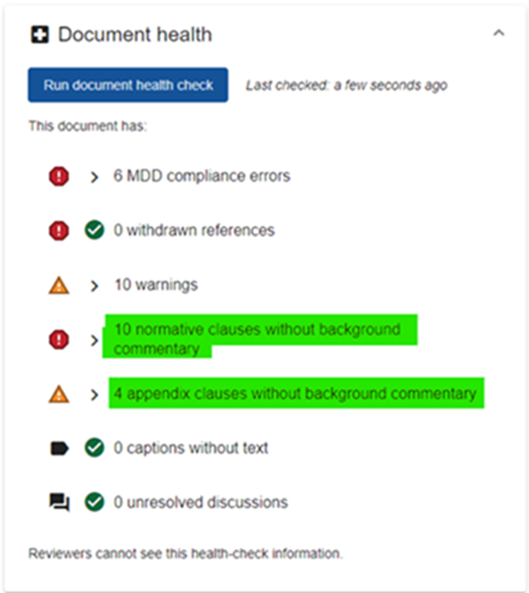 CARS screenshot showing how Document Health Check warnings relating to background commentary have now been split into 2 headings. Stop sign errors for normative clauses and warning triangle warnings for appendix clauses.