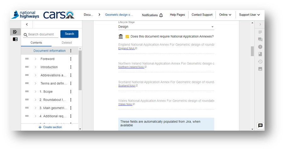 Screenshot of an example CARS Document Information page showing links to four national application annex documents; titles are shown as read only.