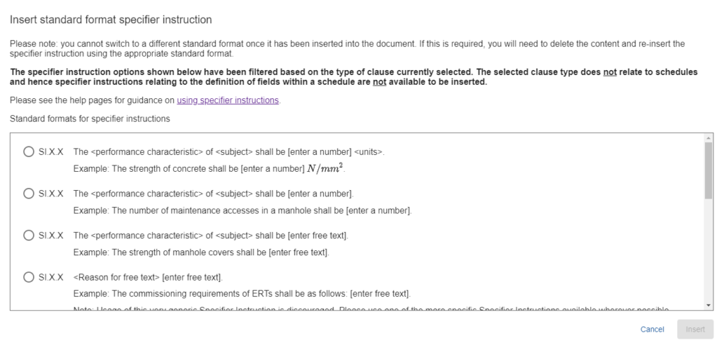 CARS screenshot showing a modal with a list of SI templates.  Radio buttons are provided to select the required template, and a Insert button is at the bottom right of the modal.