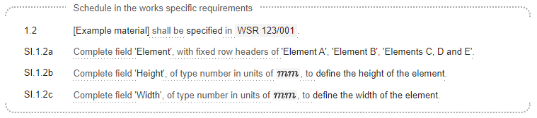 CARS screenshot showing an example schedule based SFR with 3 SIs, the first defining 3 fixed row headers: 'Element A', 'Element B' and 'Elements C, D and E'.