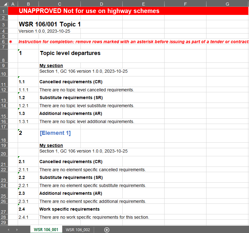 Screenshot of example WSR template showing the new watermark, version number, and “There are no work specific requirements for this section” text