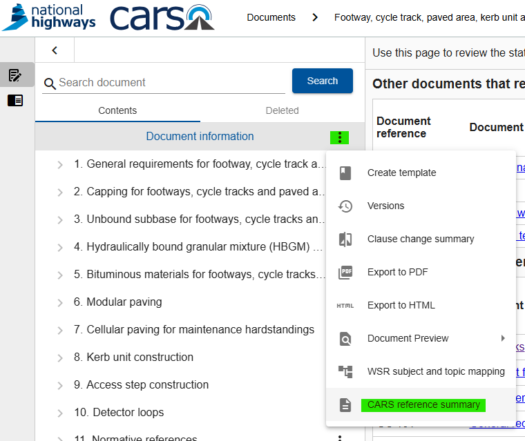 CARS screenshot showing the CARS reference summary option within the Document information page menu. It is the last of 8 items in the menu.
