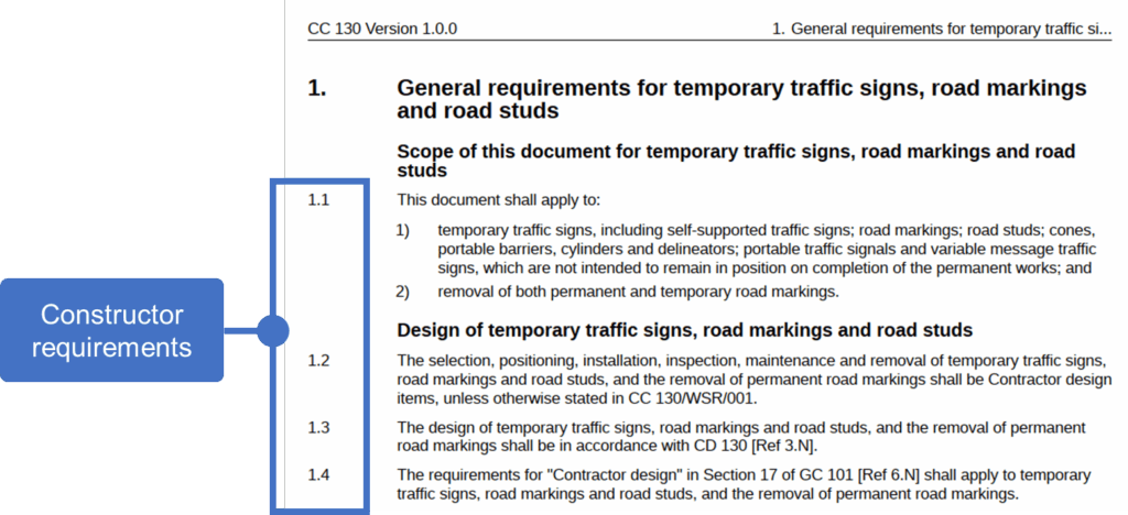 Screenshot of a Specification for Highways Works document highlighting example constructor requirements
