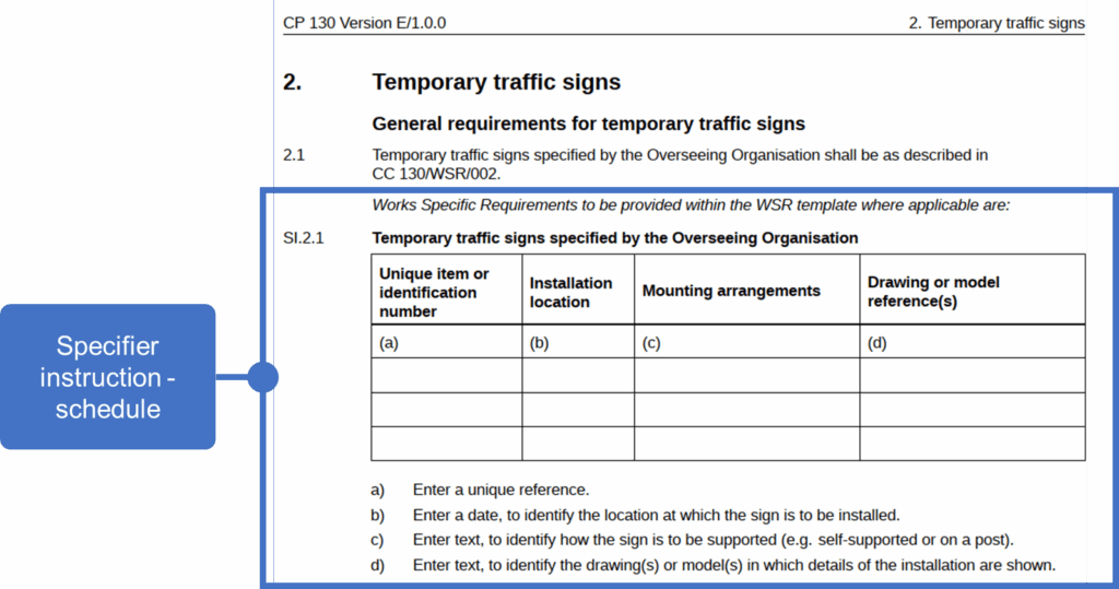 Screenshot of an Instructions for Specifier document highlighting example of a schedule-based specifier instruction